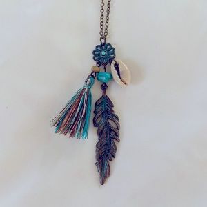 Long Boho Feather Shell Tassel Turquoise Pendant Necklace
